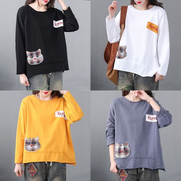 

spring coat t-shirt 2020 new pasted embroidered t-shirt women's long sleeve loose cartoon cat round neck bottoming co3gd, White