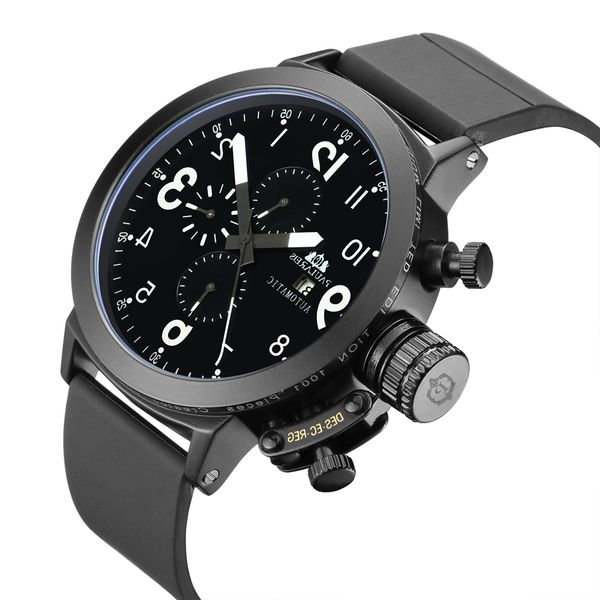 

2021men automatic self wind mechanical rubber strap black silver boat case orange blue yellow grey fashion u left hand watch, Slivery;brown