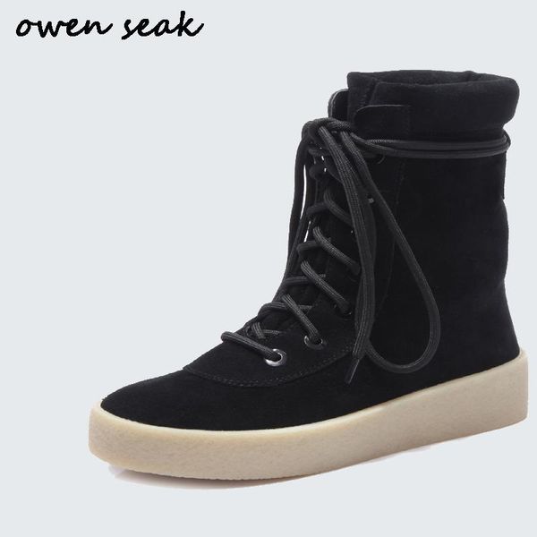 

owen seak women boots high-ankle luxury trainers snow cow suede leather desert boots winter casual brand lace up flat shoes, Black