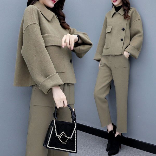 

new 2021 winter wool piece women's only clothes breasted coat + soft fashion pants 2 joint y480 dath a2qa, Gray