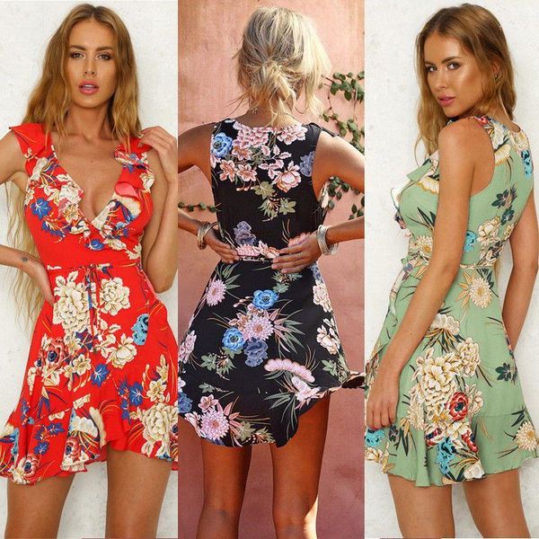 

women summer floral printed short dress 2018 ladies evening party beach mini dress fashion summer chiffon ruffles vestidos1, Black;gray