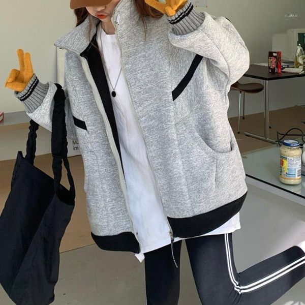 

japan style korean fashion hoodie casual loose autumn winter thicken keep warm zipper stand-up collar long sleeve coat1, Black