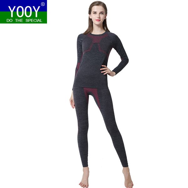 

yooy women ski thermal underwear set ladies quick dry funktion compression tracksuit fitness tight shirts sports black suits 201203
