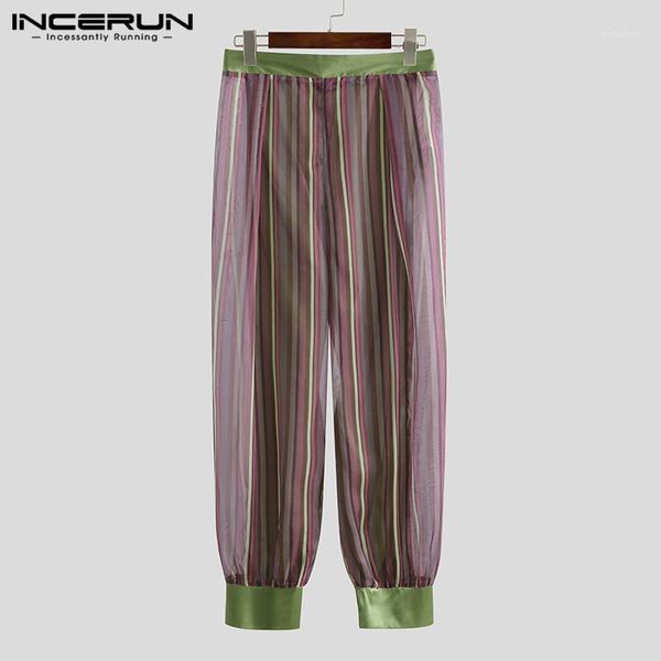 

incerun men mesh pants striped transparent elastic waist breathable trousers men homewear beach pants party pantalon s-5xl1, Black