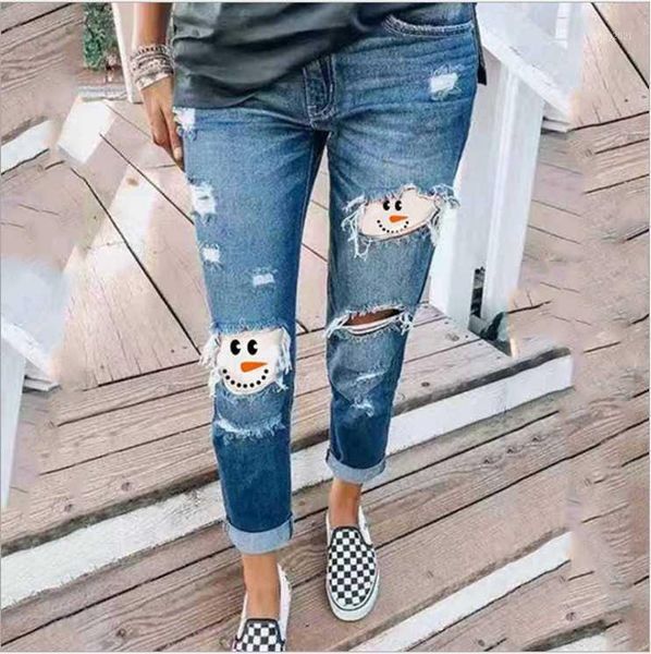 

women's jeans christmas funny print ripped denim stretch jeans1, Blue