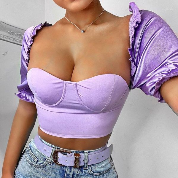 

vintage puff short sleeve ruched slim blouse women summer square collar backless shirts female skinny crop 2020 blusas mujer1, White