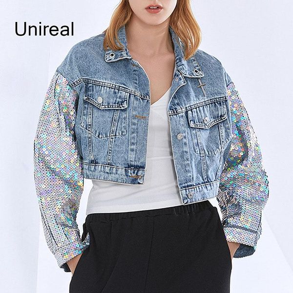 

unireal 2021 autumn women sequin jeans jacket casual outwear coat loose casual short denim jacket streetwear, Black;brown