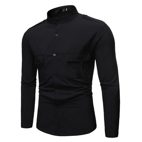

men's casual shirts unique multi-pocket design mens dress standing collar social shirt for men slim fir blouse, White;black