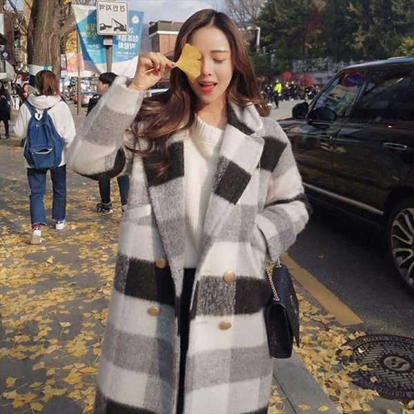 

2019 autumn winter elegant fashion long wool coat women black and white plaid wool blend coat and jacket solid women coats