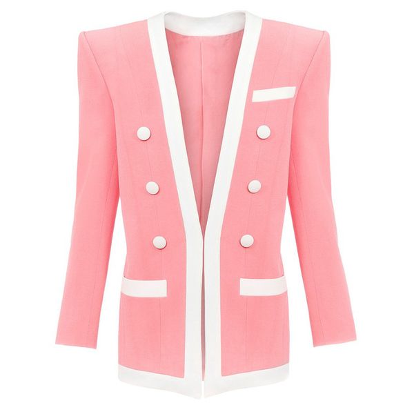 

pink light green blazers women autumn female jackets double-breasted cloth button matching edge collarless blazer, White;black