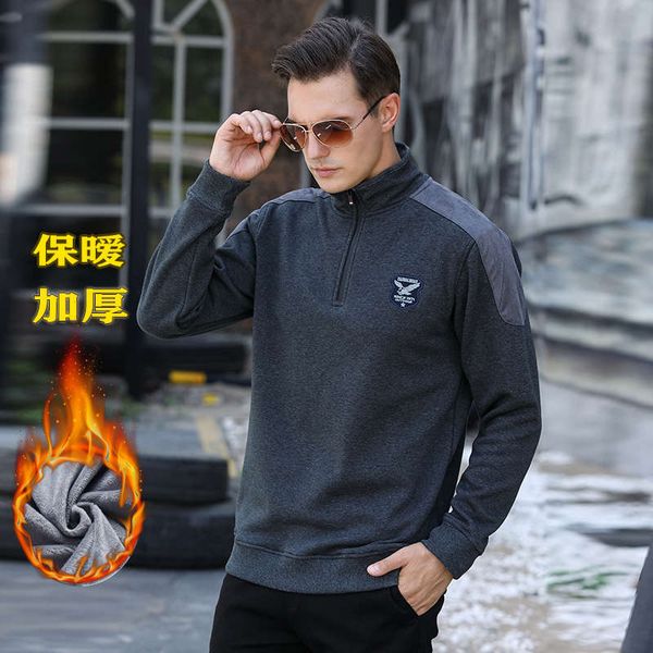 

autumn winter men's sweater coat half zipper stand collar cover loose and plush, casual warm long sleeve t-shirt thick, Black
