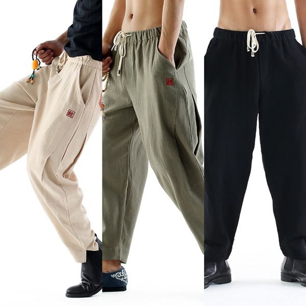 

thin men's casual chinese style bloomers wide casual wide leg leg loose large linen harem pants lantern pants wtxbc, Blue