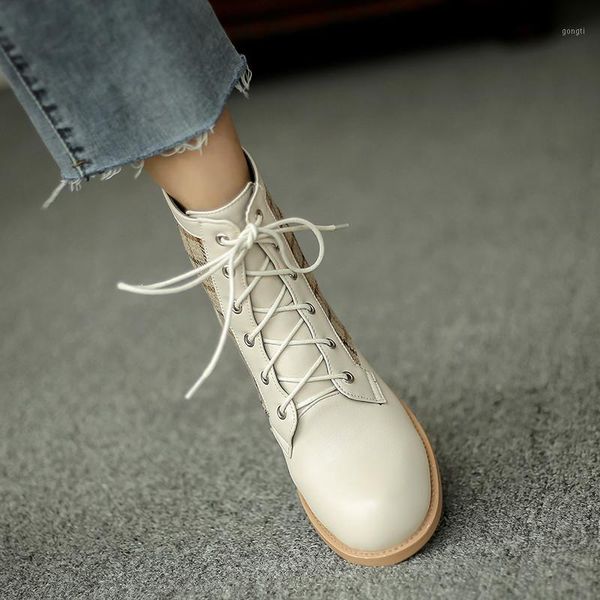 

boots ymechic winter 2021 plaid patchwork lace up chunky heels black ankle women cross tied biker combat shoes1