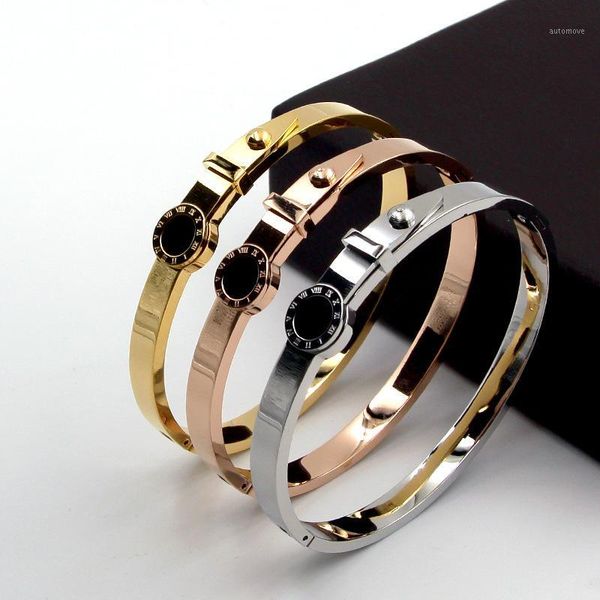 

fashion better shell round roman numerals rivet buckle bangle bracelet rose gold color stainless steel woman party gift1, Black