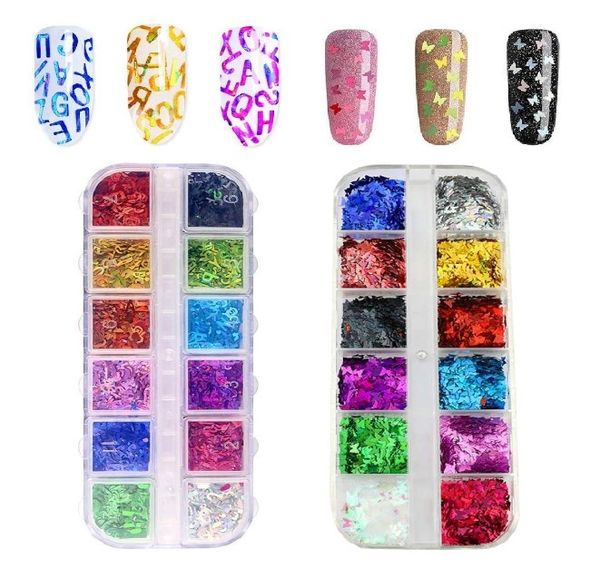 

nail art decals 3d butterfly and alphabet nail glitter sequins flake acrylic manicure paillettes ultrathin face body glitters, Black