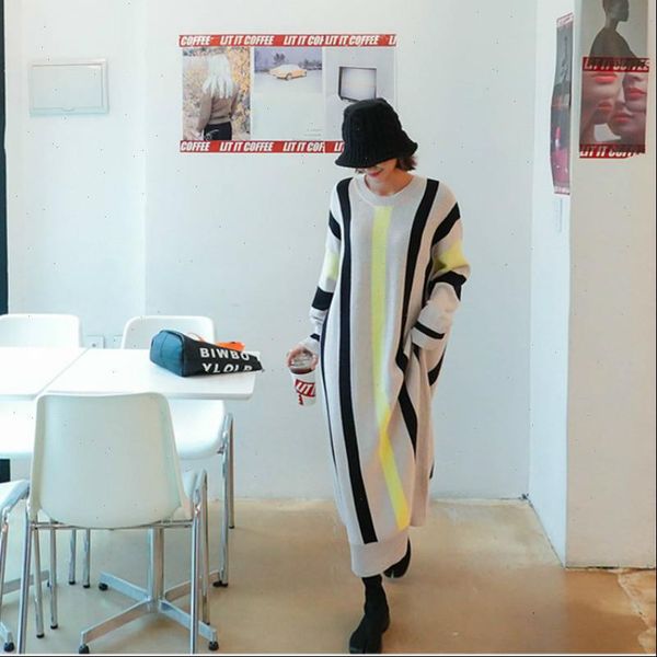 

autumn and winter new large size long sweater dress women loose striped knitted sweater korea style casual dresses 2021, Black;gray
