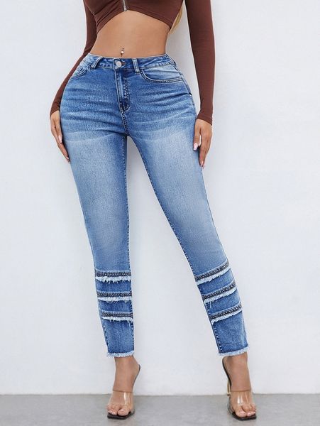 

sxy ripped raw hem skinny jeans x63s#, Blue