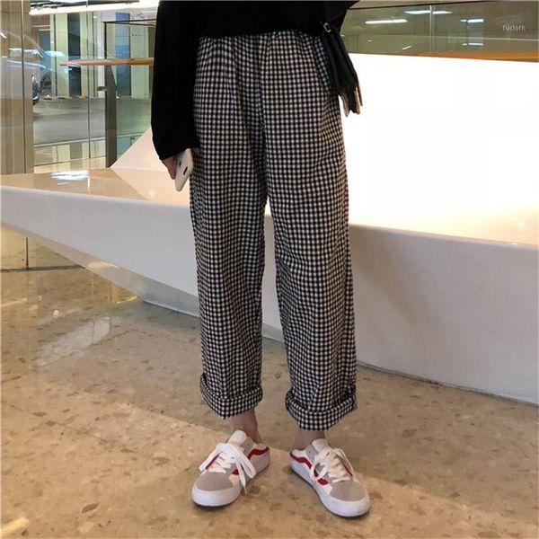 

female cute japan harajuku casual loose plaid wide leg pants women's trousers japanese kawaii harajuku ulzzang denim for women1, Black;white