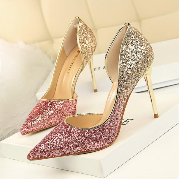 

europe and the united states high heel shallow mouth pointy nightclub shows the thin color gradient spell color bright, Black
