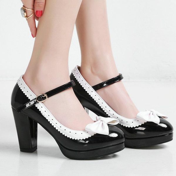 

dress shoes sweet bow knot high heels women platform mary janes pumps buckle square heel ladies red black pink purple