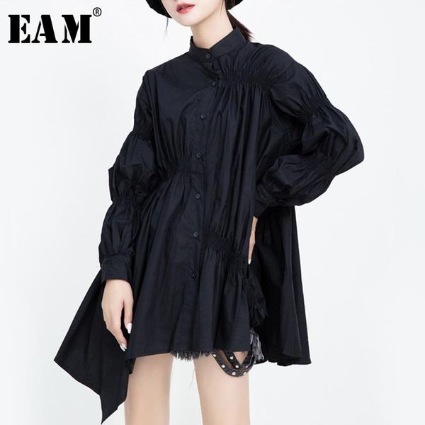 

eam] women pleated asymmetrical big size blouse new stand collar long sleeve loose fit shirt fashion spring autumn 2019 1h7171, White