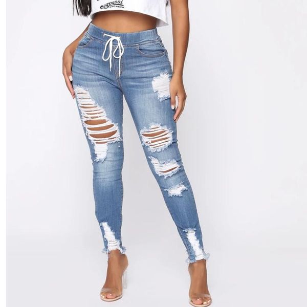 

women high-waist ripped spring elastic waist jeans hole ruin slim slimming feet lace trousers casual hip hop pants for female1, Blue