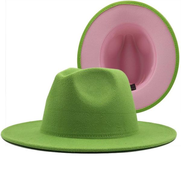 

new outer dark green inner red wool felt jazz fedora hats with thin belt buckle men women wide brim panama trilby cap 56-60cm, Blue;gray