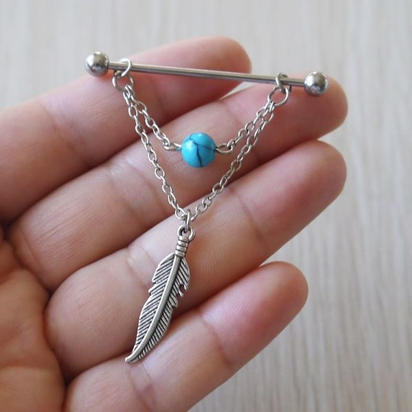 

new 2pc leaf industrial barbell scaffold14g stainless steel bead dangle charm ear jewelry t200507, Slivery;golden