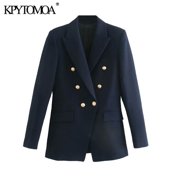 KPYTOMOA Frauen Mode Mit Metall Tasten Blazer Mantel Vintage Langarm Zurück Vents Weibliche Oberbekleidung Chic Tops 201023