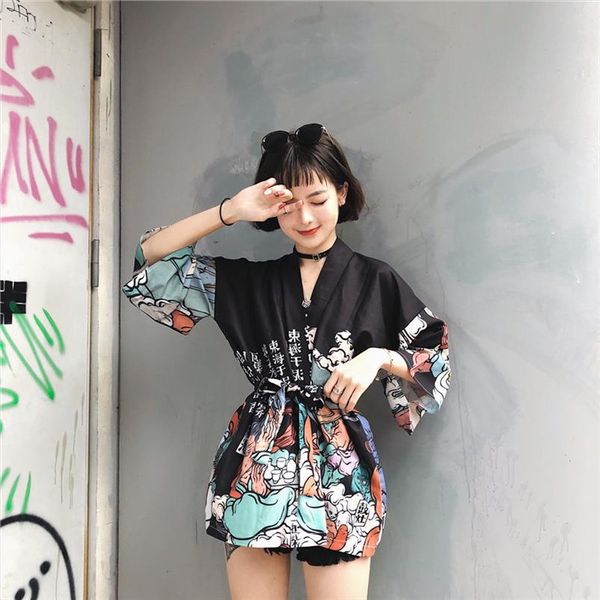 

harajuku japanse kimono print 2021 chimono zomer cosplay yukata vrouwen mode dunne losse blouse drop shipping, White