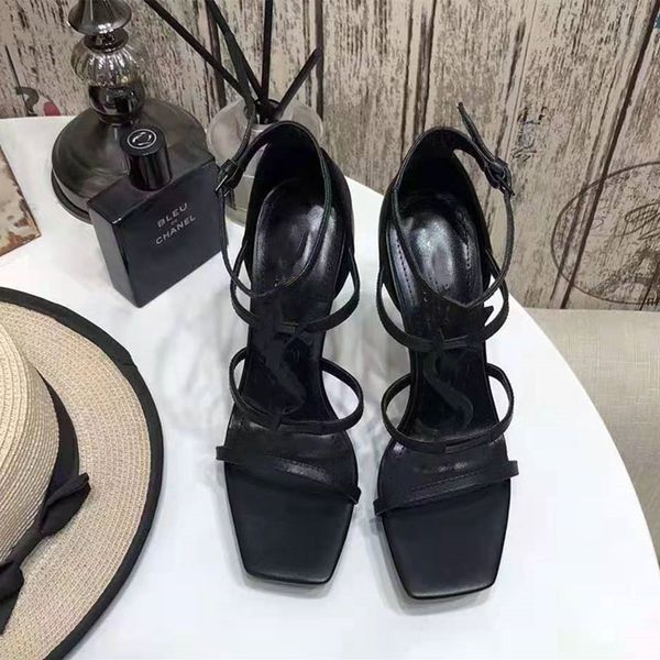 

2021 summer luxury new square toe women's shoes high heels fashion banquet professional comfortable rope strap stiletto sandals, Black