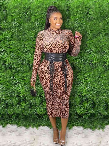 

ladies autumn long sleeve leopard print personalized hip wrap skirt round neck fashion nightclub dress, Black;gray