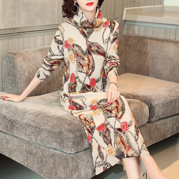 

2021 winter casual floral 3xl plus size knitted sweater autumn turtleneck bodycon wool sweater midi dress elegant vintage dress, White;black