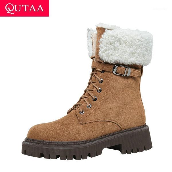

boots qutaa 2021 women ankle square heel cow suede winter keep warm short buckle lace up zipper shoes size 34-391, Black
