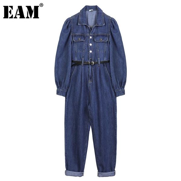 

eam] loose fit women blue denim long jumpsuit new high waist pocket stitch pants fashion tide spring autumn 2020 1dc625, Black;white