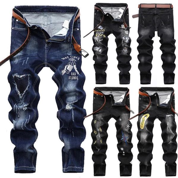

new fashion jeans embroidered pant men straight jeans regular fit pant stretch long slim men jeans, Blue
