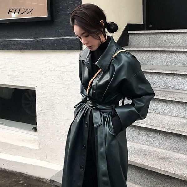 

ftlzz faux leather long jacket new spring women loose belt pu leather windbreaker trench coat slim autumn jacket 201030, Black