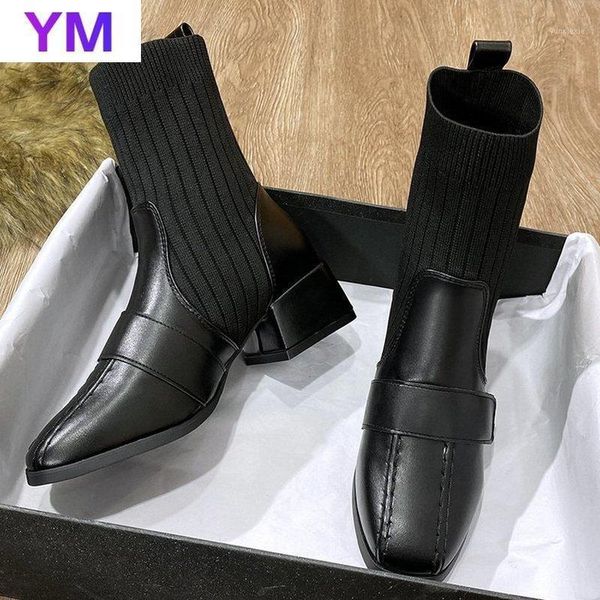 

new women boots warm slip-on autumn winter shoes elastic ankle boots hook loop casual party winter lady square heel1, Black