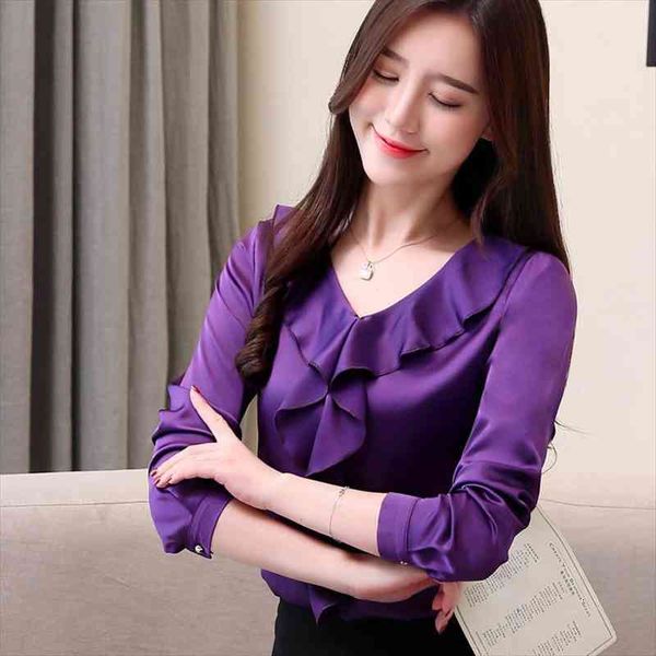 

autumn korean fashion silk women blouses satin long sleeve purple women shirts loose blusas femininas elegante womens, White