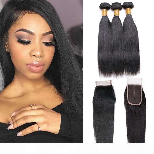 

peruvian straight virgin hair bundles with closure human hair bundles with closure 100% unprocessed remy human hair natural color, Black
