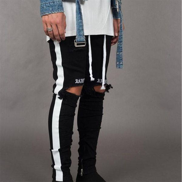 

helisopus мужчина ripped боковых нашивок джинсы колена дыра тощего черный denim брюки hip hop разрушаемого брюки, Blue