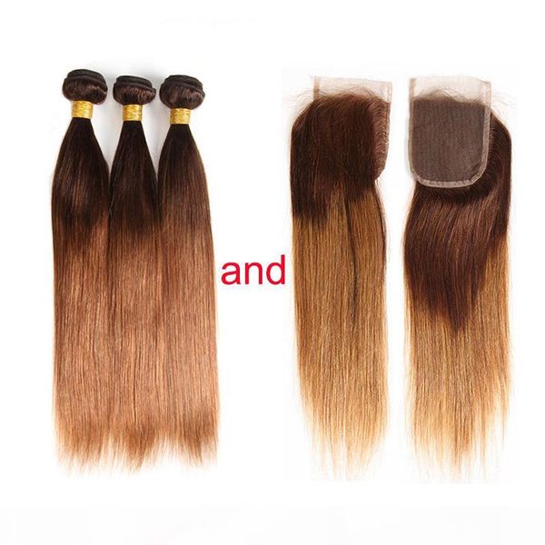 

ombre human hair weave bundles with closure two tone blonde 4 30# ombre brazilian straight human hair extensions with 4x4 lace closure, Black;brown