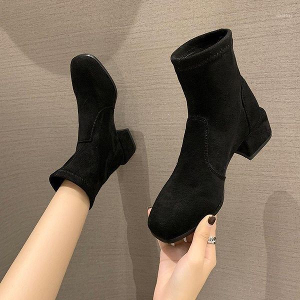 

boots ankle for women spring autumn girl slip-on square-toe rubber outsole eslatic flock 4.5cm mid heel female casual shoes, Black