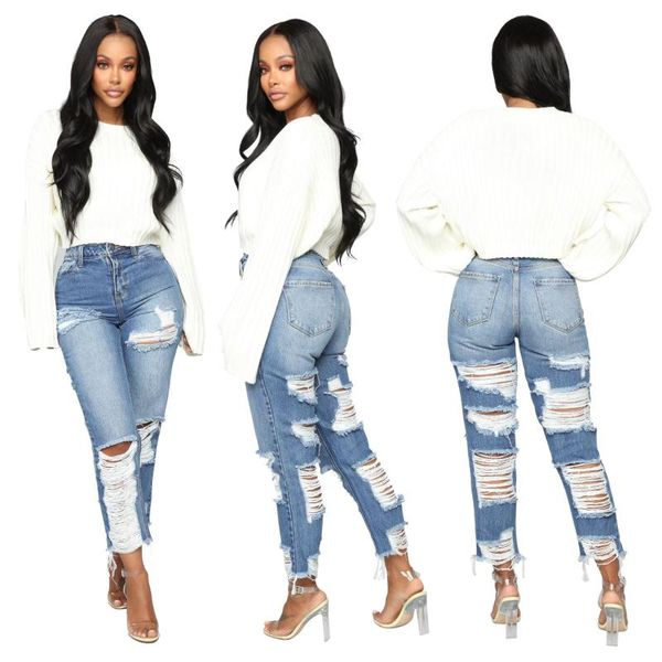 

women high-waist straight casual jeans washed distressed ripped jeans high street hole denim pants lady ankle length pants, Blue