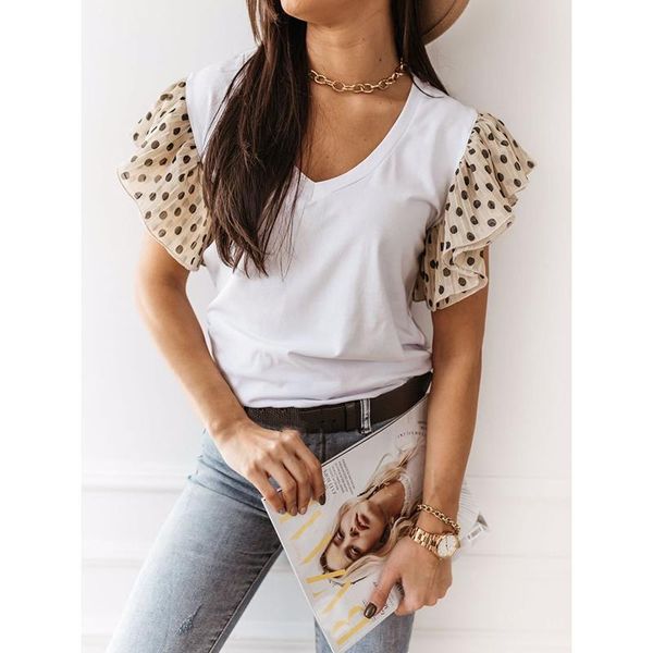 

women's blouses & shirts polka dot print v neck women ruffles short sleeve blouse ladies summer elegant casual shirt harajuku blus, White