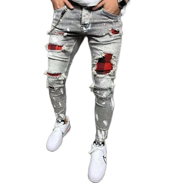 

2020 fashion men's slim-fit ripped pants new men's painted jeans patch beggar pants jumbo casual trousers, Blue