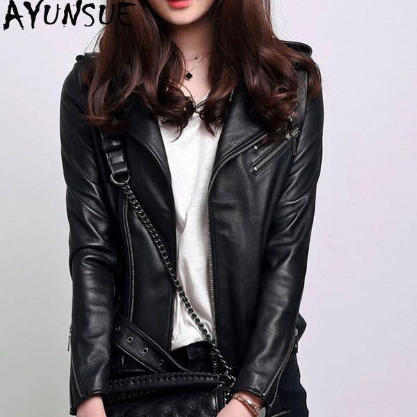 

ayunsue women's sheepskin coat spring autumn genuine leather jacket women casual motorcycle jacket slim fit 2020 1706 kj36991, Black