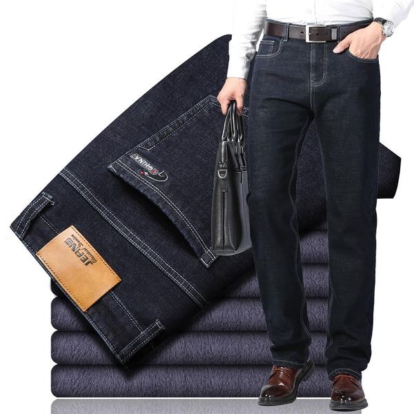 

2020 winter new men's fashion brand plus velvet thick jeans black blue business casual stretch denim trousers classic slim pants