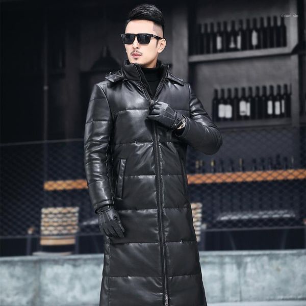 

super long leather down jacket men's sheepskin fur coat hooded leather windbreaker thickened warm men's coat fashion1, Tan;black