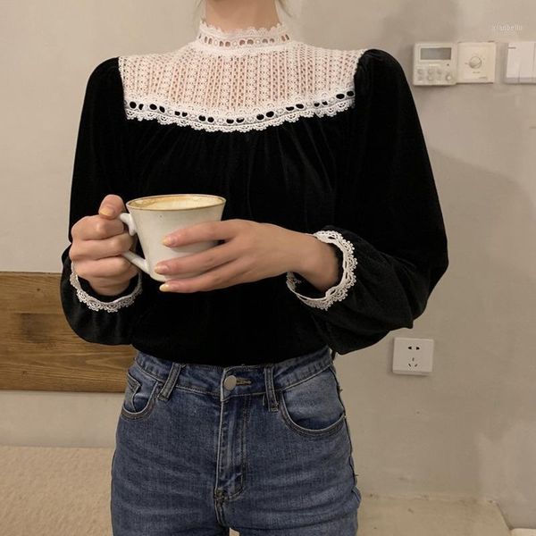 

women black velvet lace patchwork blouse female autumn winter 2020 casual long sleeve party shirt fashion loose new1, White